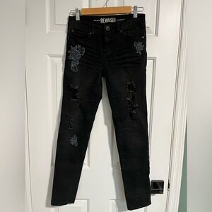 Rewash size 7 dark gray (almost black) jeans. Distressed w/ flower embroidery.